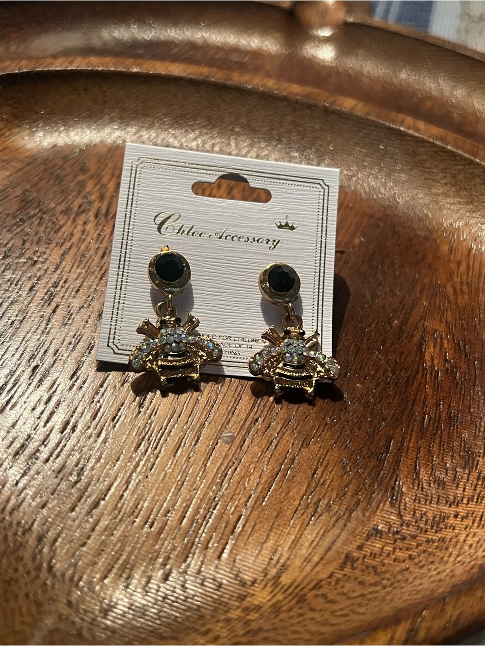Chloe Gold Bee Drop Earrings with Black and Clear Accents